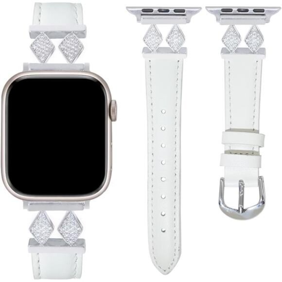 NEW White Leather Slim Apple Watch Band main image 4